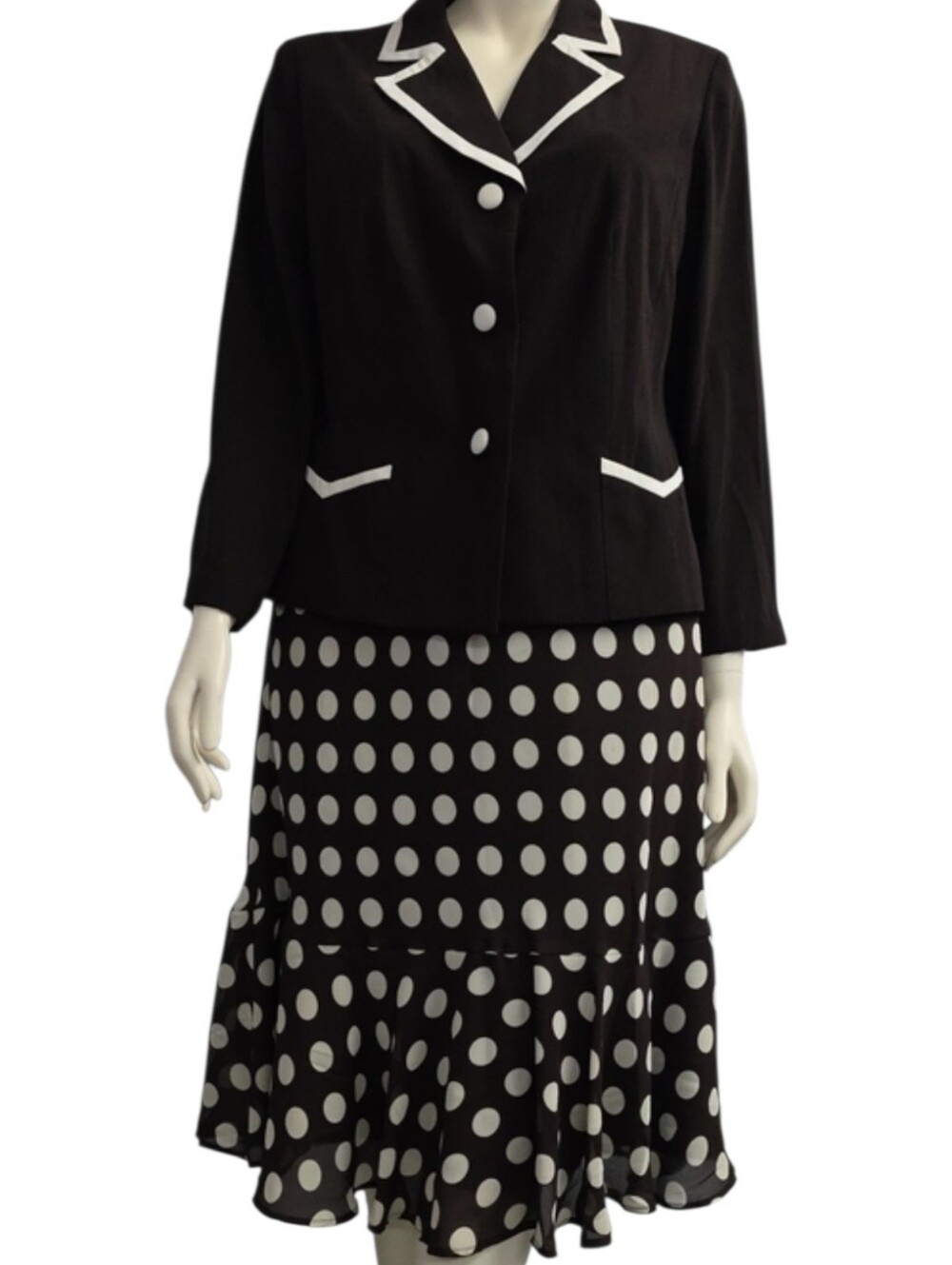 Dress Barn Woman 2-Piece Polka Dot Skirt Suit Set Brown White Size 16W